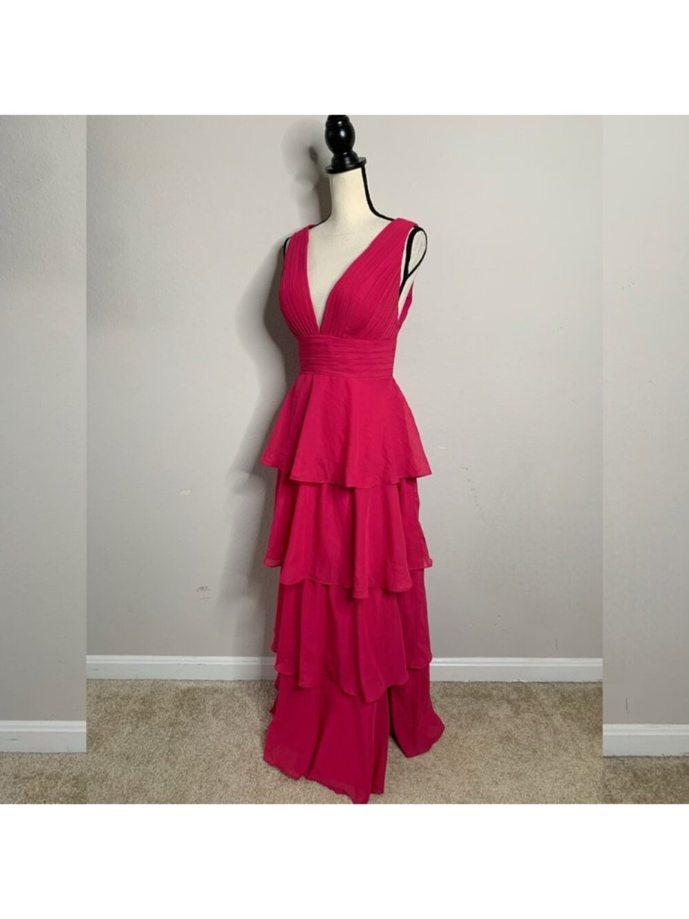 Fuchsia Pink Plunging V-Neck Tiered Chiffon Maxi Gown Sleeveless Formal Dress - Picture 5 of 14